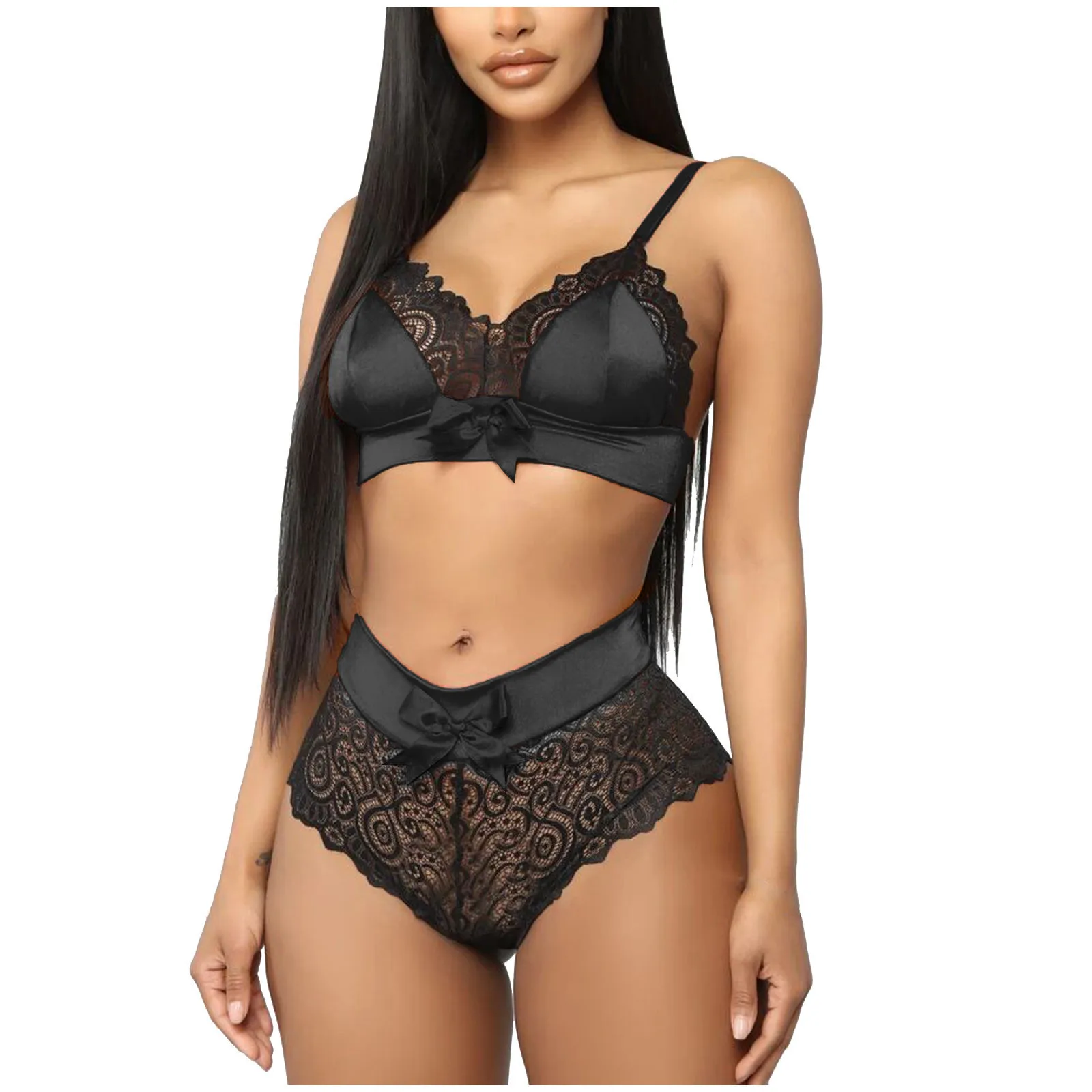Fashionable Splicing Suspender Lingerie Set Cross Border Sexy Women s Mesh Bra Lace Seductive Underwear