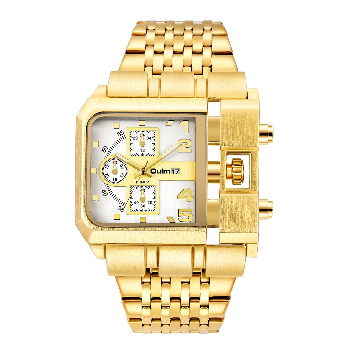 Oulm Hp3364B Large Dial Military Luxury Mens Style Casual Luminous Multifunction Alloy Quartz Square Gold Watches