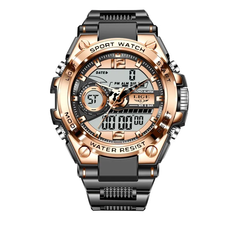 New LIGE 8922 Sport Men Quartz Digital Watch Creative Diving Watches Men Waterproof Watch Dual Display Clock Relogio Masculino