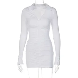 2022 Deep V Neck Bodycon Long Sleeve Turn Down Neck Solid Skinny Mini Dress Sexy Streetwear Fashion Clothes