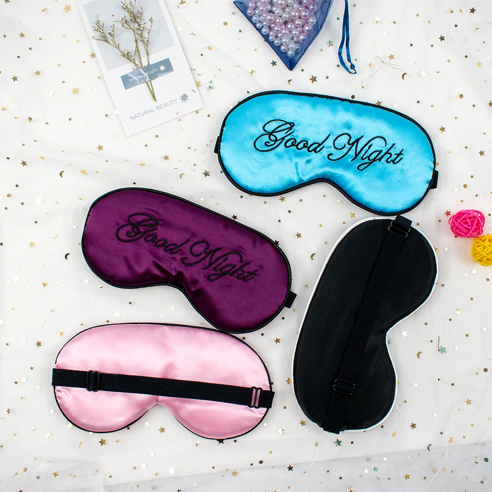 
embroidery good night sleep adjustable eye mask with different colors imitated silk eye cover for hotel 
