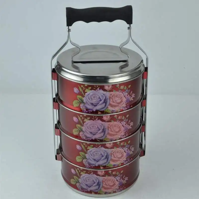 Hot sale multi layers colorful tier with flower pattern of stainless steel food carrier lunch box
