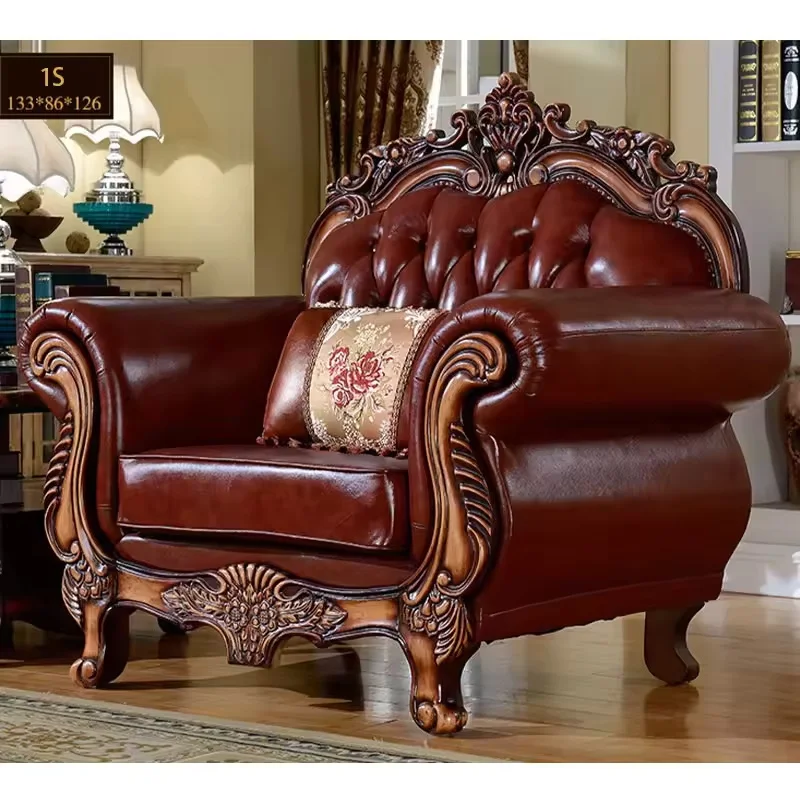 High-Quality European Leather Sofa Wood Hot-Selling Luxury Brown Vintage Sofa Elegant  Furniture Premium Leather Upholstery