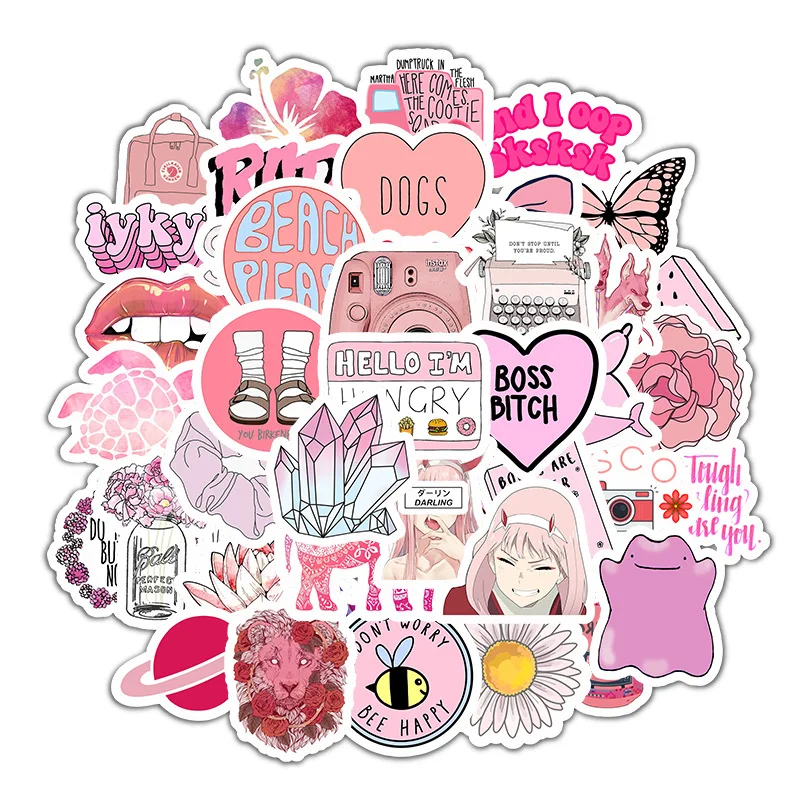50 Pcs Vinyl Aesthetic Waterproof Stickers Decor Supplies Pink Party Suitable for Mobile Phone Water Bottle Suitcase Car