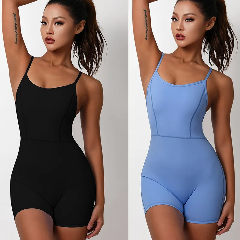 PASUXI OEM Wholesale Custom Logo One Piece Yoga Bodysuit Women Jumpsuit Rompers Biker Short Sport Outfit Bodycon Yoga Playsuit