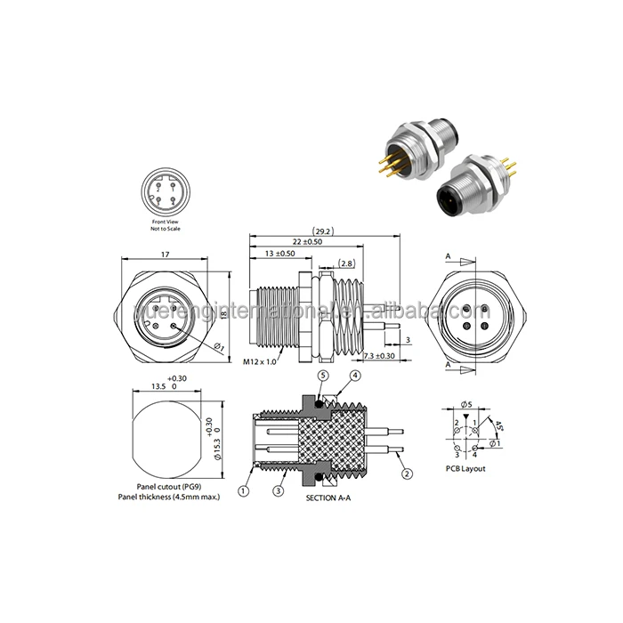 CE RoHS High-quality Factory Wholesale Circular Gold Plated Connector 4pin M12 D-code Shielded Plug Panel Mount Cup IP67 for PCB