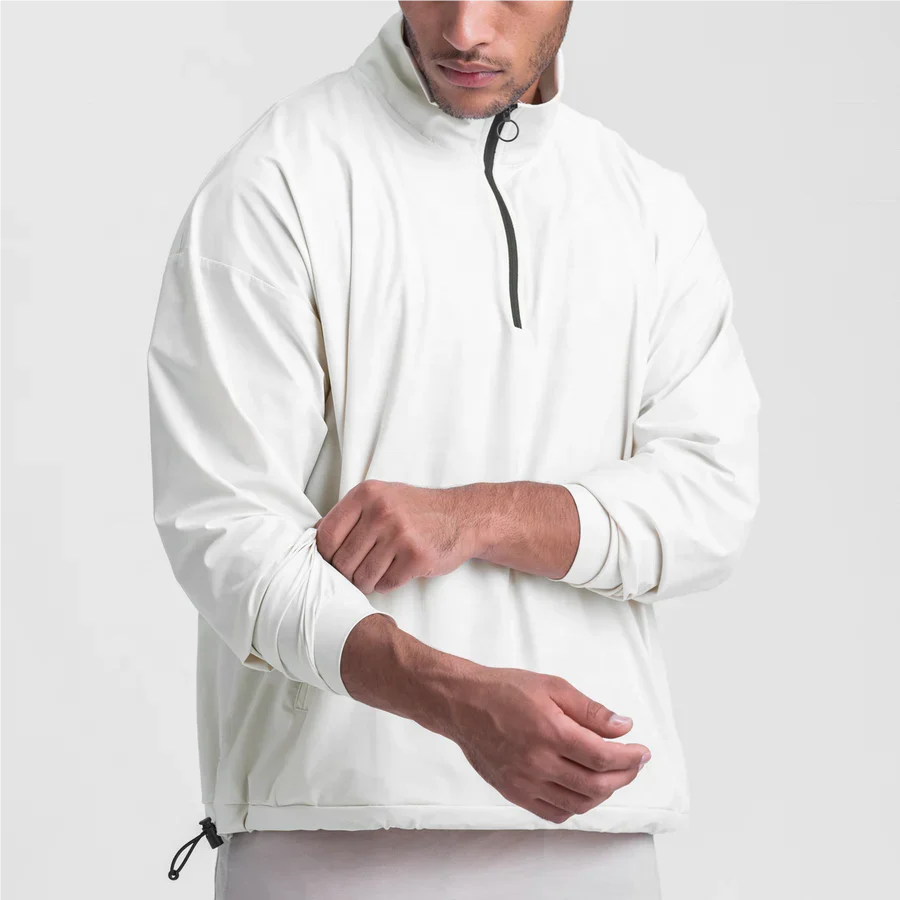 Water-resistant Quarter Zip Stand Collar Lightweight Hoodies With Front Pockets  Adjustable Elastic Hem Design Sweatshirt