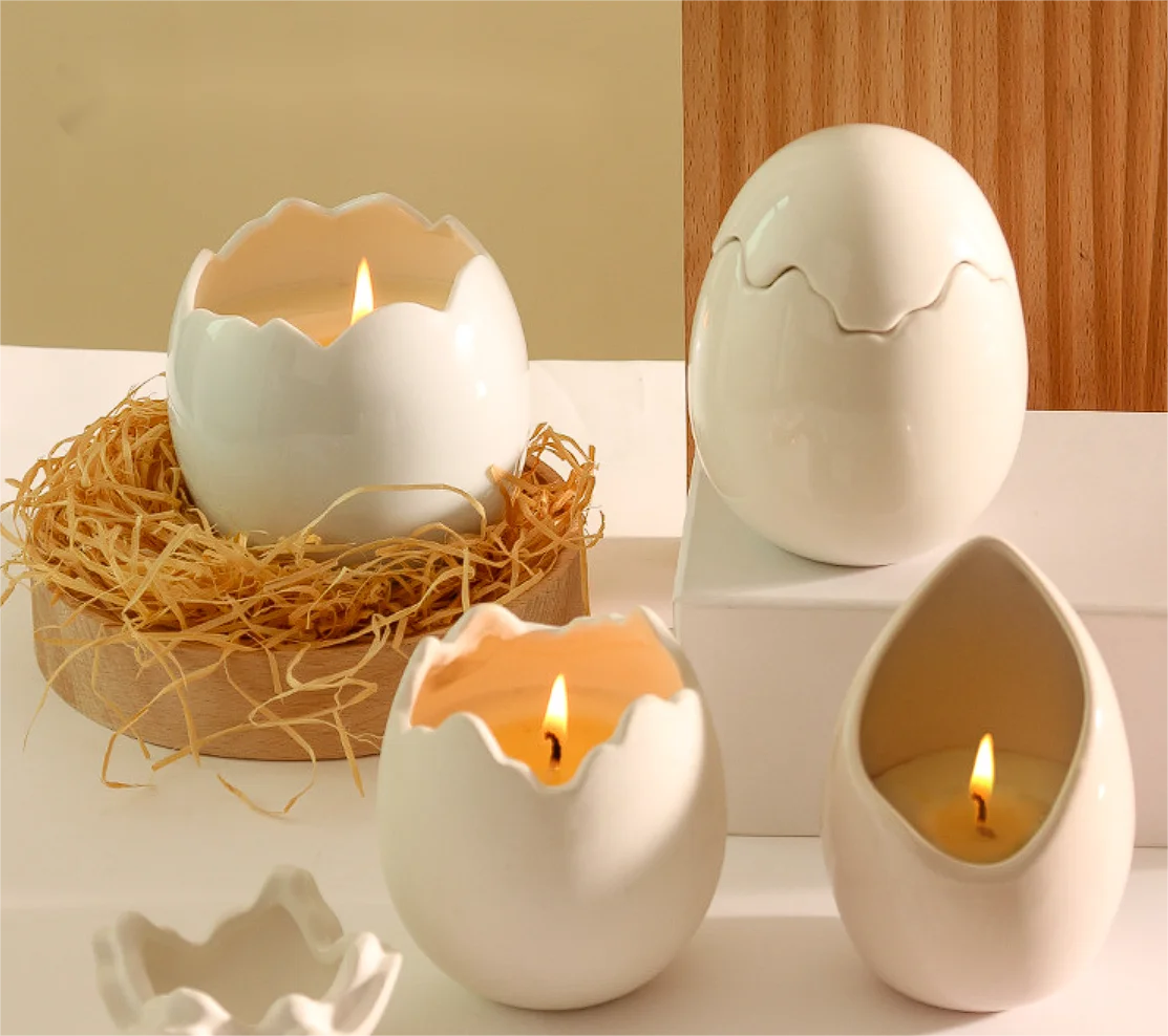 Wholesale Golden Creative Big Eggshell Ceramic Plating Candle Cup Ins High Value Aromatherapy Candle Cup Empty Bottle