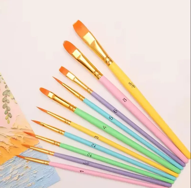 Nylon Paintbrushes Set 10pcs Flat and round Hair Shape with Wood White Black Blue Handle for Oil Watercolor Art Painting