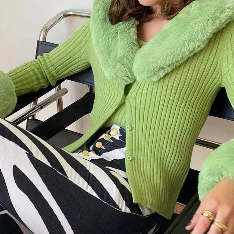 Patchwork Knitted Cardigan Coats and Jackets Fashion Warm Tops Women Button up Long Sleeve Winter Fluffy Faux Fur Green Logo Bow