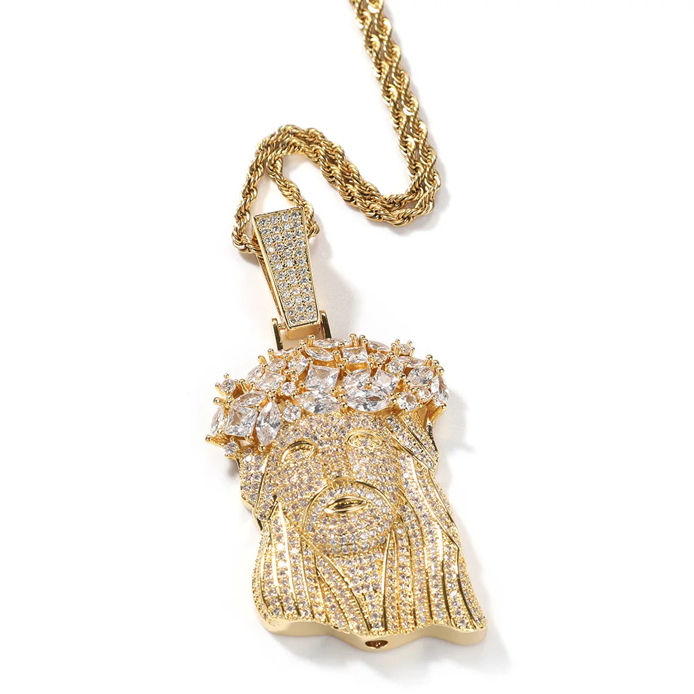Iced Out Hip Hop Jewelry Big Size 18K Gold Plated Brass AAAAA CZ Diamond Jesus Pendant Necklace With  Rope Cain For Men