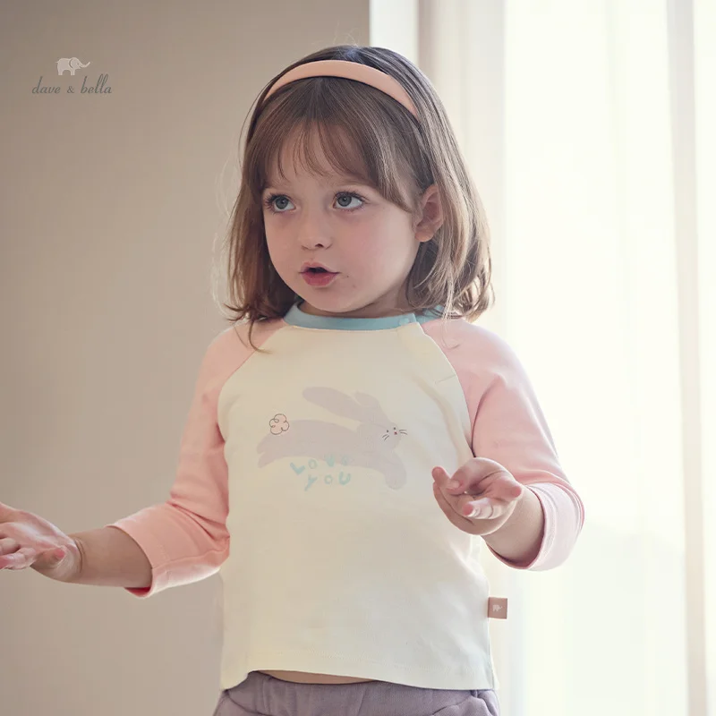 DB3241843 DAVE&BELLA Children Girls Fashion T-shirt 2024 Autumn New Baby Girls Cute Sweet Pure Cotton Long Sleeve T-shirt