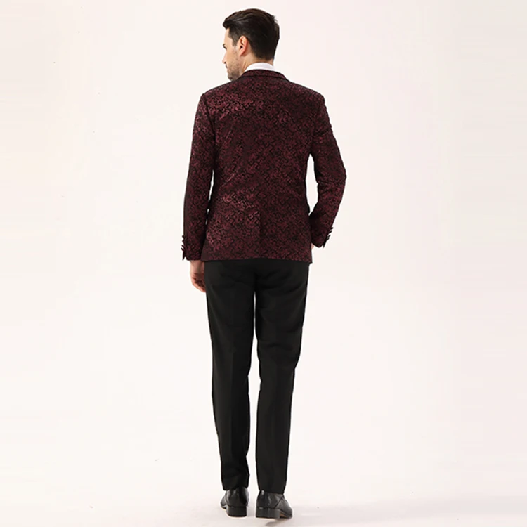 Пиджак мужской с цветочным принтом, модная Банкетная одежда, Узкий блейзер с воротником-шалью, бордовый