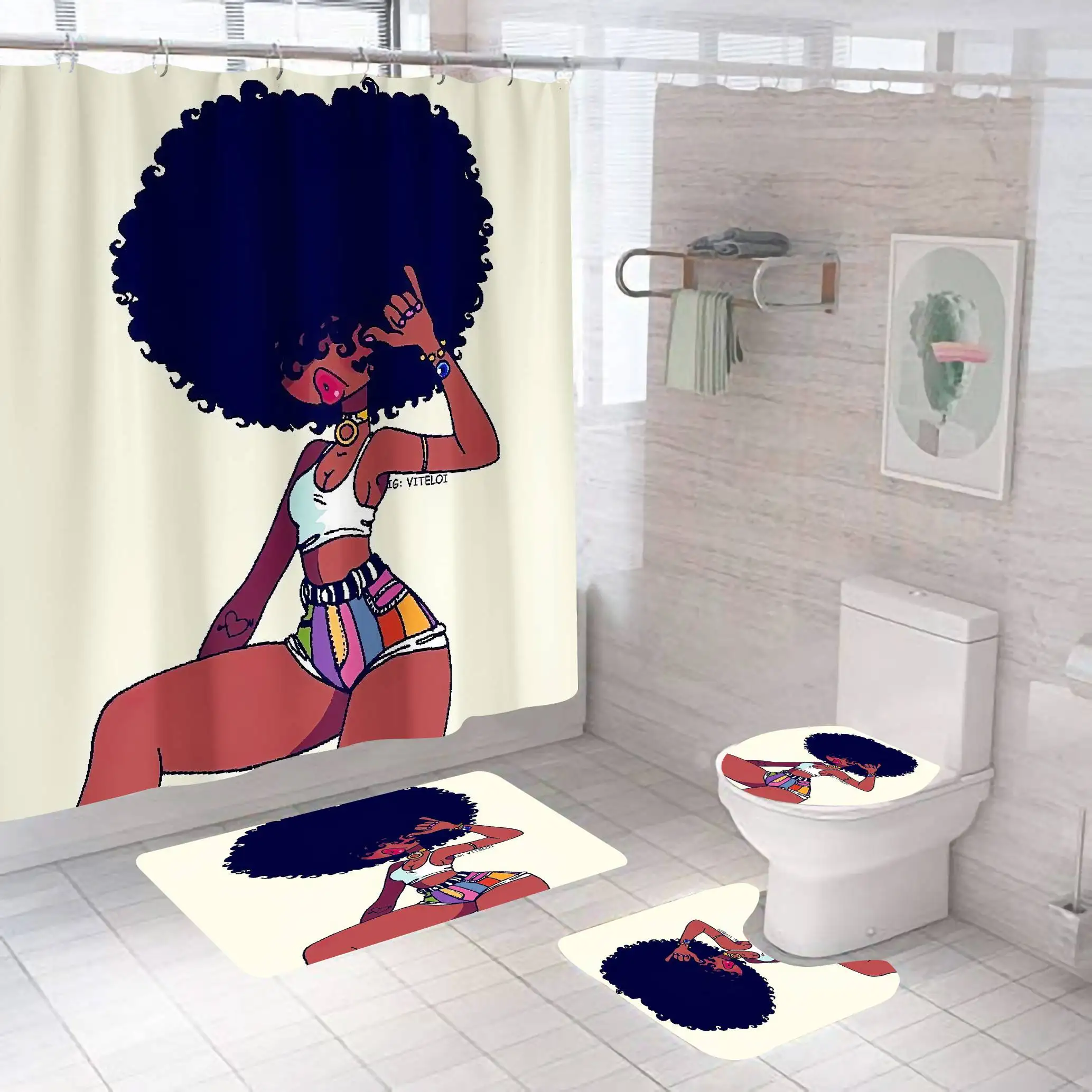  Wholesale waterproof fashion sexy black girl african american shower curtain