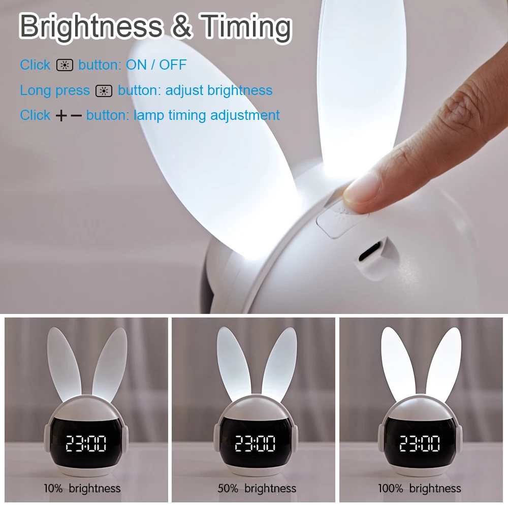 Small Rabbit Kids Alarm Clock With Dimmable Ambient Lighting Sleep Training Clock For Toddlers Teens Bedrooms