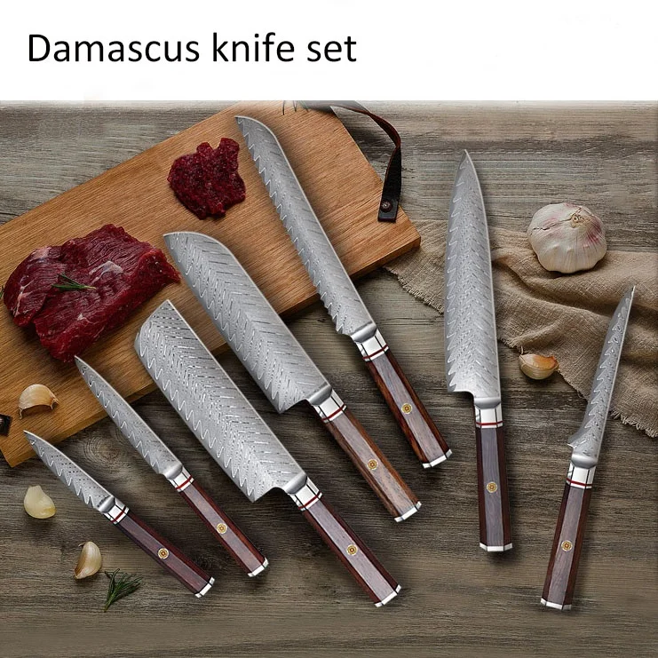 Chef Knife with Etched Damascus High Carbon Stainless Steel Knife  VG-10 Damascus Steel Chef Knife