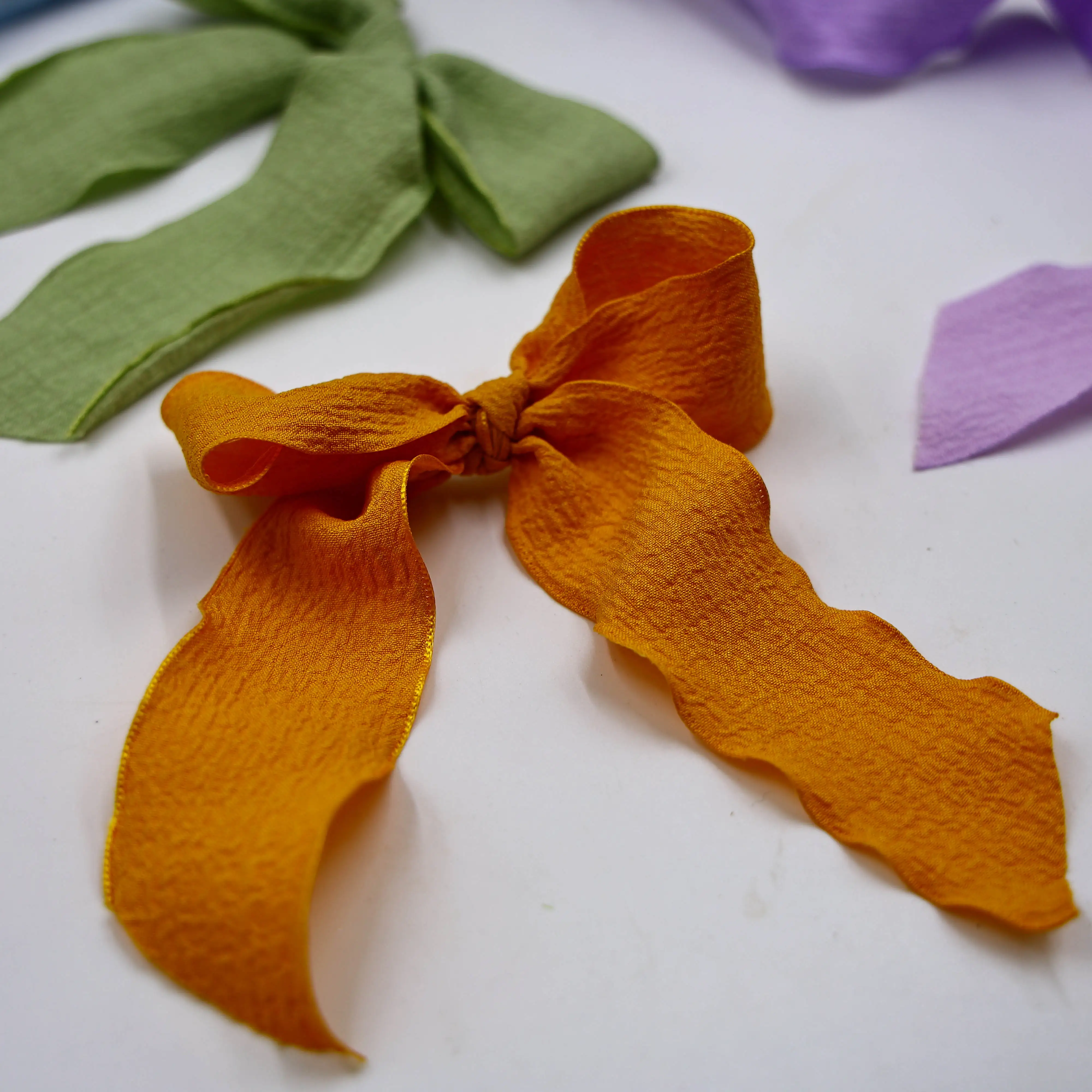 High Quality Custom Logo Orange Solid Ruffled Red Woven Polyester Ribbon Roll 100% Polyester Party Gift Bow Knot Pleated Hair