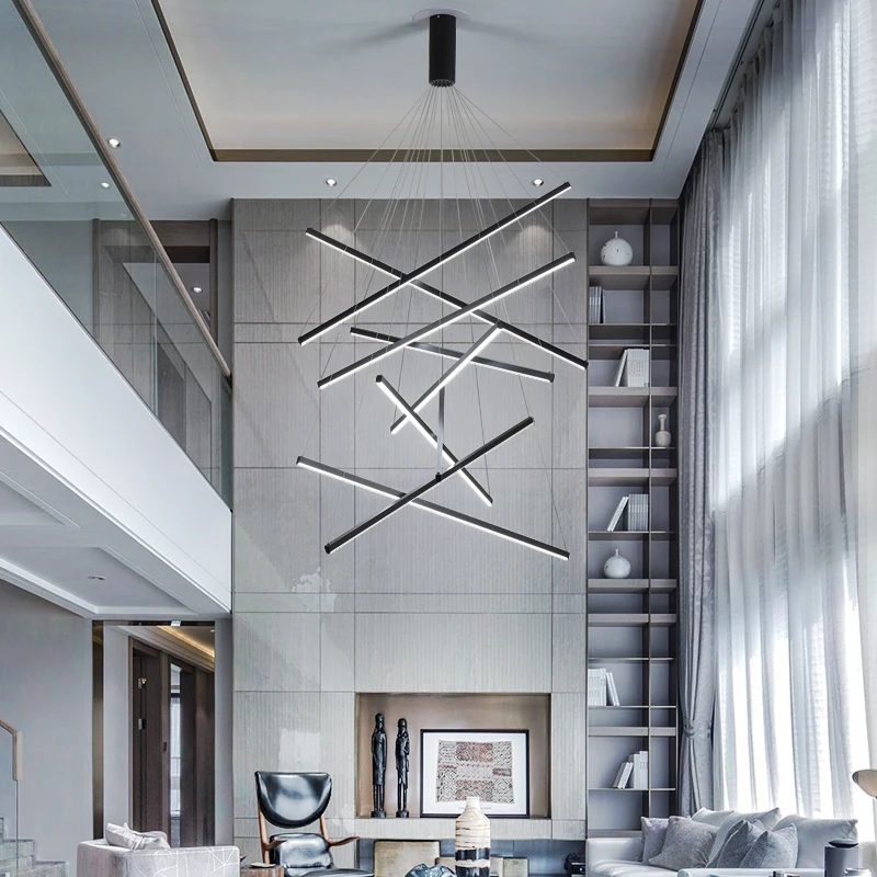Strip Shape Simple Hanging Decorative Ceiling Pendant Lights Circle Rings Acrylic Black Luxury Modern LED Chandelier Lamp