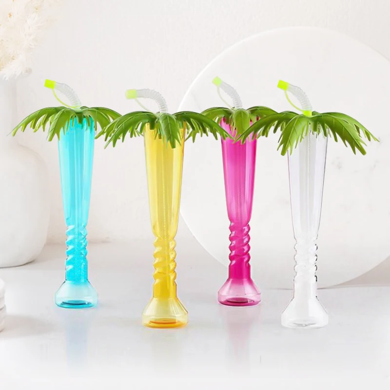 Hot sale plastic cocktail glasses 500ml coconut tree shape twist yard glass cup slush ice yard cups festival plastic with straw