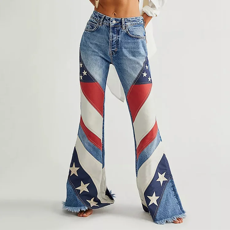 Boot Cut Bell Bottom Long Skinny Wash Printed Pants High Waist Elastic Stretch Trousers Women Flare Denim Jeans