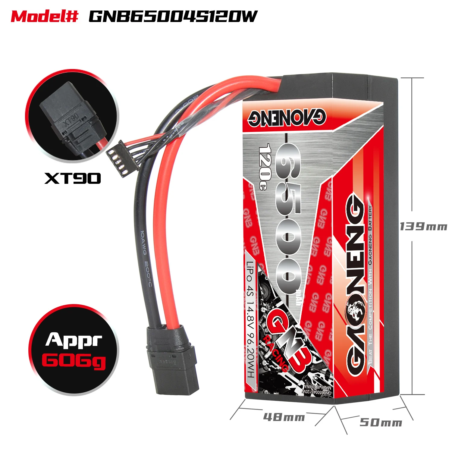 GNB GAONENG 6500MAH 4S 4S2P 14.8V 120C XT90 Cabled Hard Case RC LiPo Battery 1:8 1/8 RC Racing Car Boat Truck Truggy