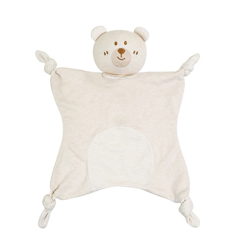 Beige stripe yarn blank bear head 100% organic cotton flannel receiving unisex baby security blanket jersey knit