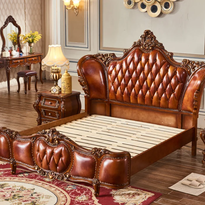 Wooden American leather bed oak carved European luxury villa 1.8 M double leather bed