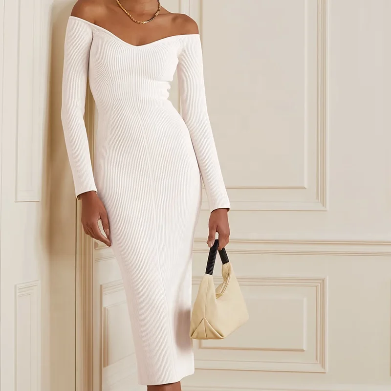 Knitwear manufacturer custom fall white V neck long sleeves off the shoulder women ribbed knit midi dress