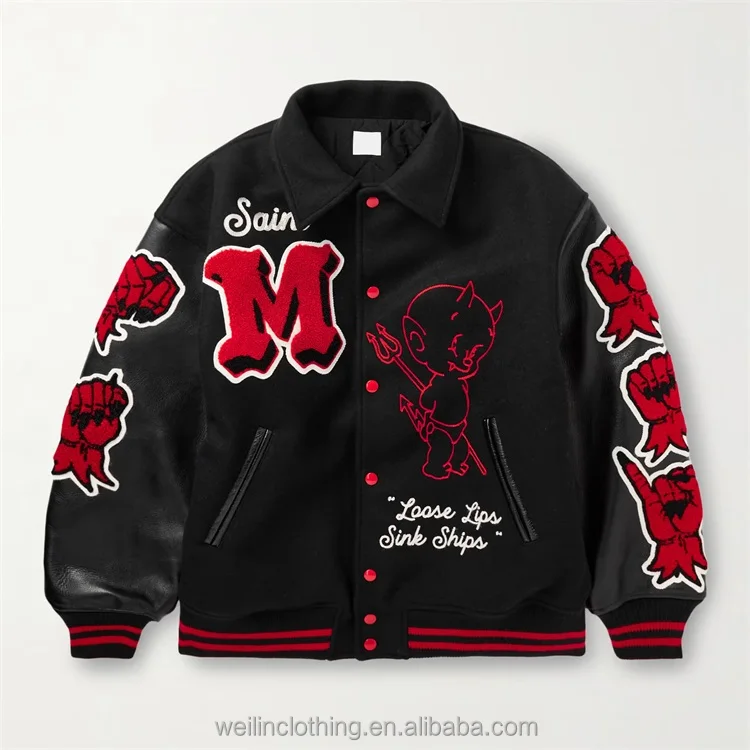 Custom chain chenille embroidered leather sleeve wool bomber letterman jacket for men