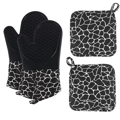 oven mitts pot holder set Heat Resistant Kitchen Cotton Lining Oven Gloves Non-Slip Silicone Cooking Baking Grilling