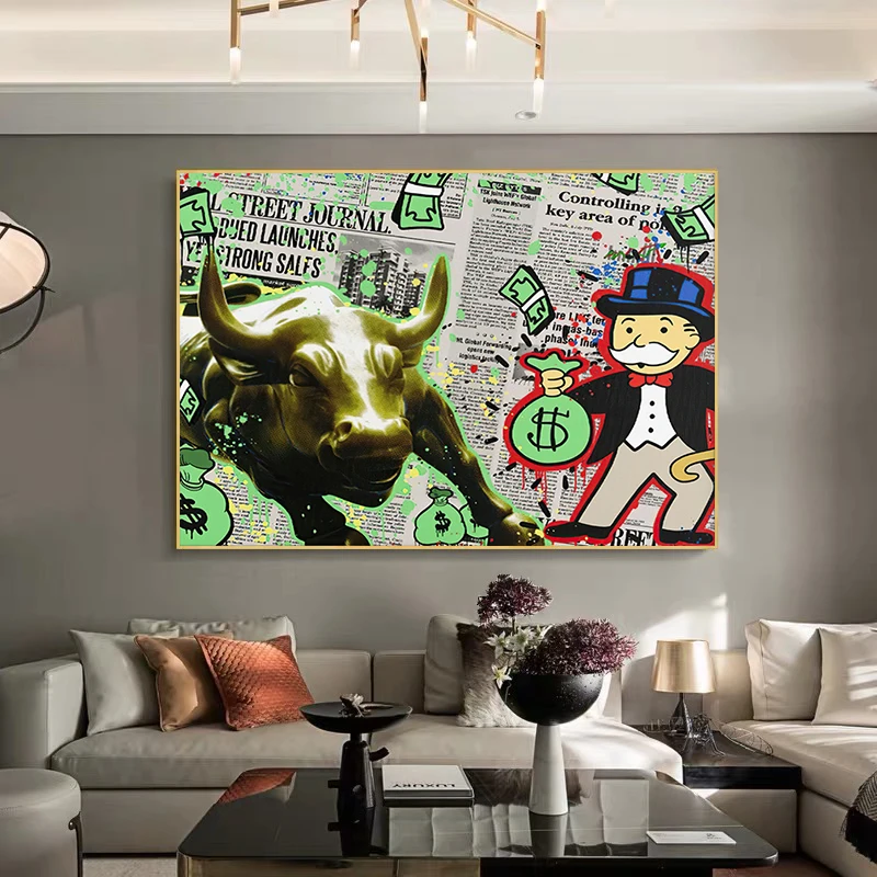 Graffiti Art Canvas Painting Alec Monopoly and Angry Bull Poster Prints Wall Art Picture for Living Room Home Decoration Cuadros