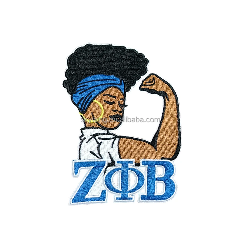 Serises Stock Blue & White Embroidery Sorority Zeta Phi Beta 1920 Soror Zeta Crest Round Zeta Hand Sign Iron Patch for Jackets
