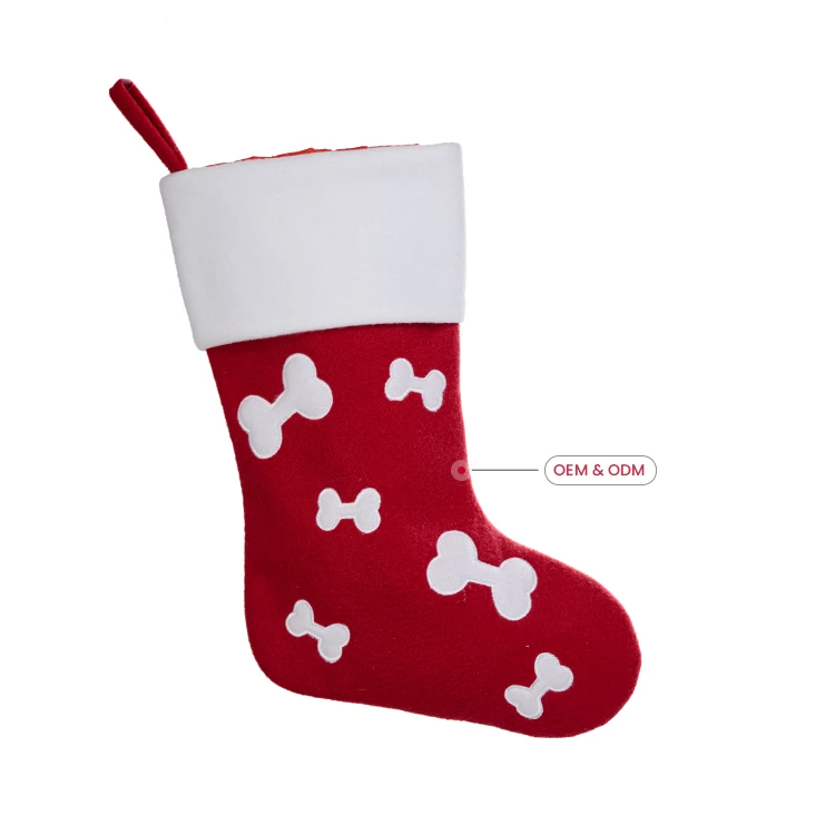 Natural Burlap Holidays Gift Bone Shaped Red and White Christmas Stocking with Hanging Hooks