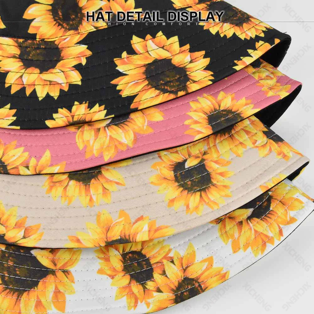 Wholesale unisex new sunflower-printed cotton polyester custom logo reversible bucket hat caps for women men