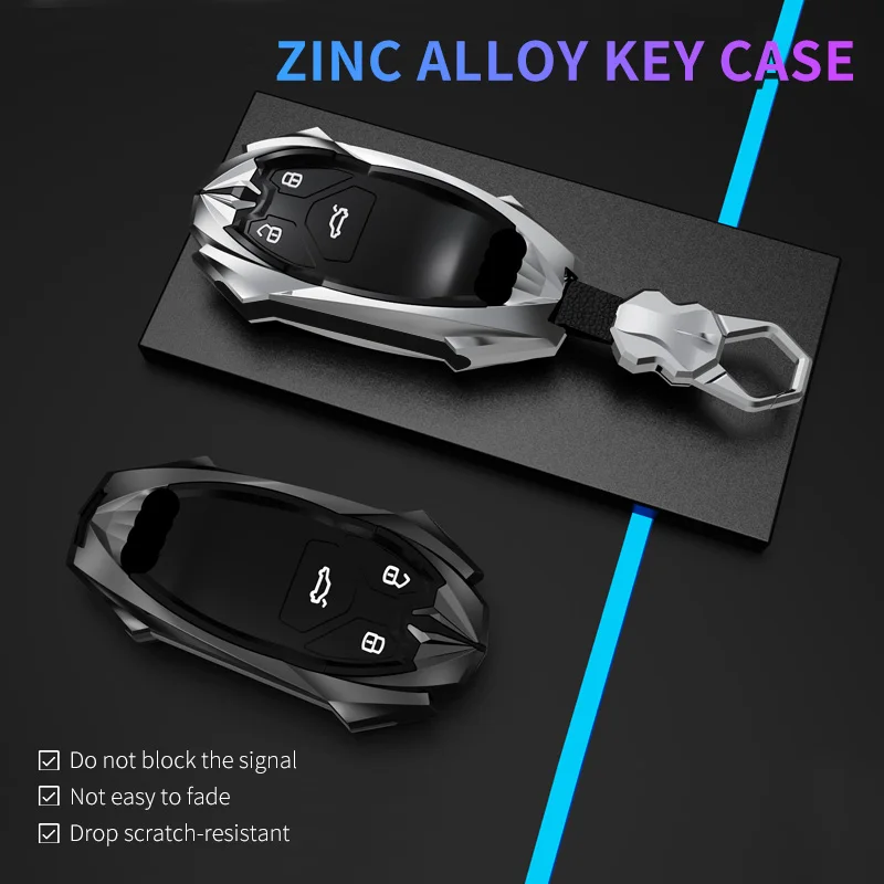 Zinc Alloy Leather Car Logo Key Case Cover Shell for Audi A6 A7 A8 E-tron Q5 Q8 C8 D5 Remote Key Fob Holder Auto Accessories