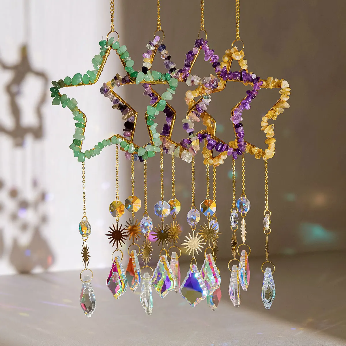 Wholesale Crystals Window Suncatchers Rainbow Prism Healing Crystal Chips Star Crystal Sun Catcher Home Decor
