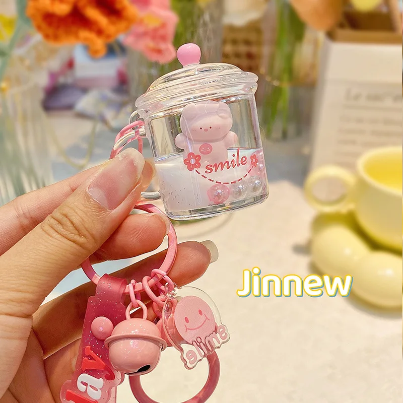 Hot Sell Cute Animal Bottle Shape Keyring Acrylic Liquid Floating Glitter Quicksand Key Chain