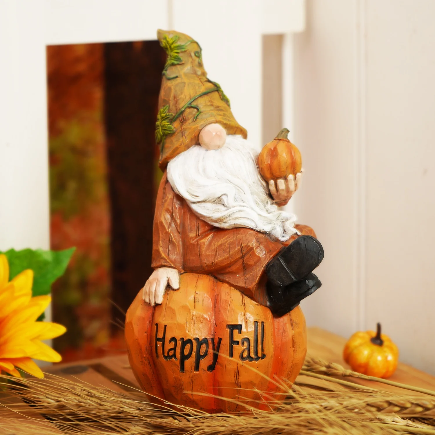 Garden Gnome Sitting on Pumpkin Statue Autumn Harvest Happy Fall Garden Gnome Statue Figurine