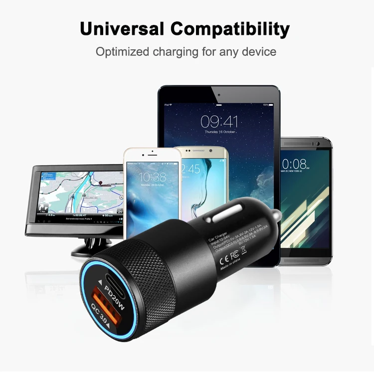 Factory stock fast car charger dual port type c pd 20w usb qc3.0 for mobile phone