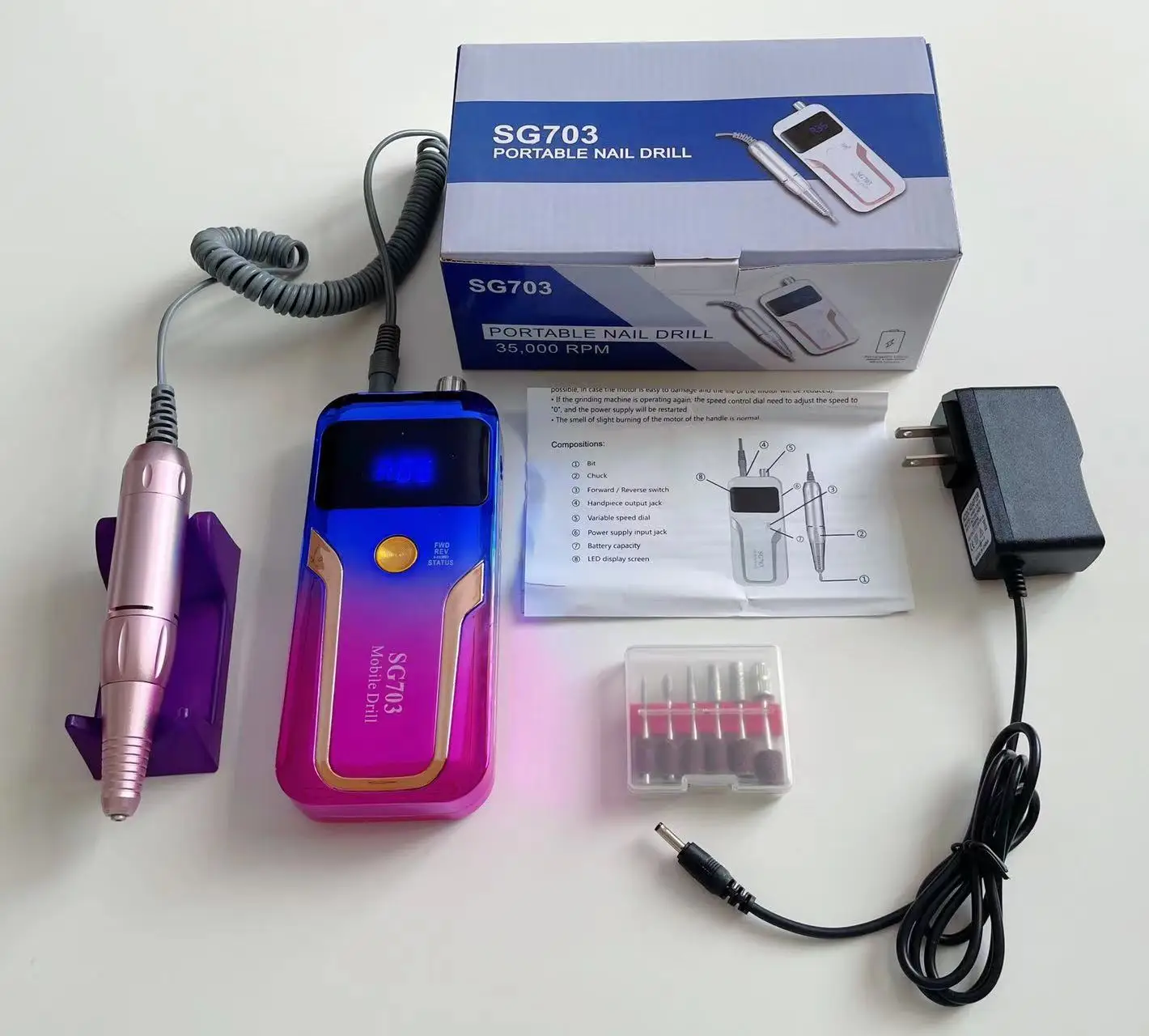 Portable Pink White Black Nail Drill Machine 35000RPM Electric Manicure Cordless Gel Nail Polisher