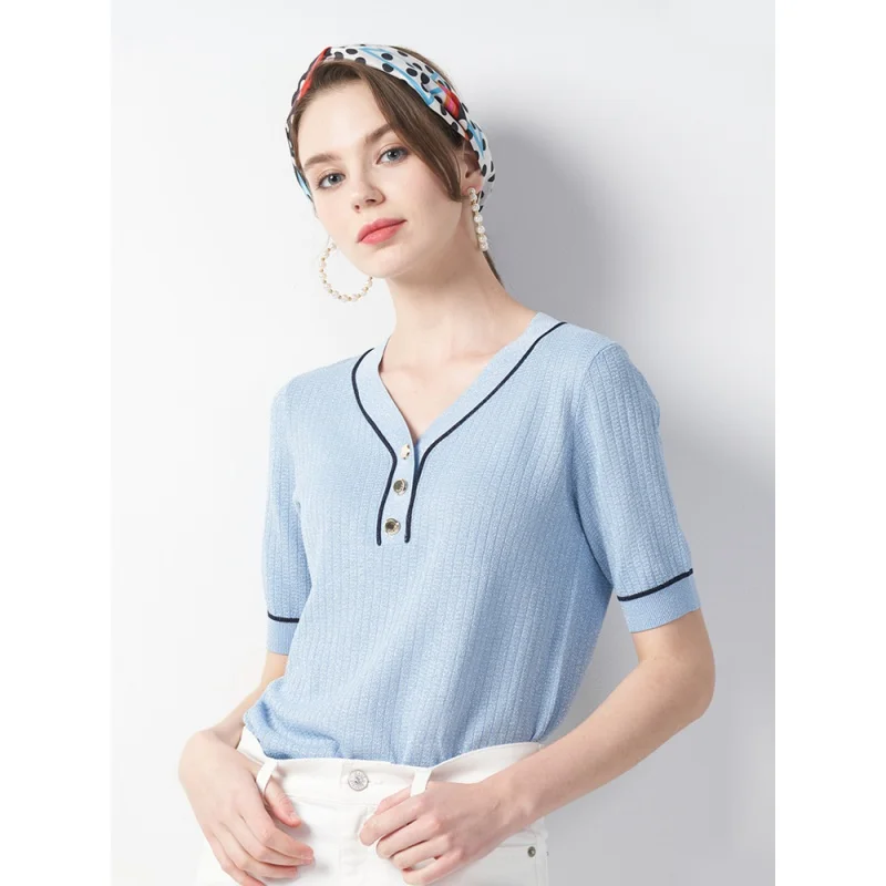 2021 Spring V-neck women sweater pullover knit shortleeve sweater