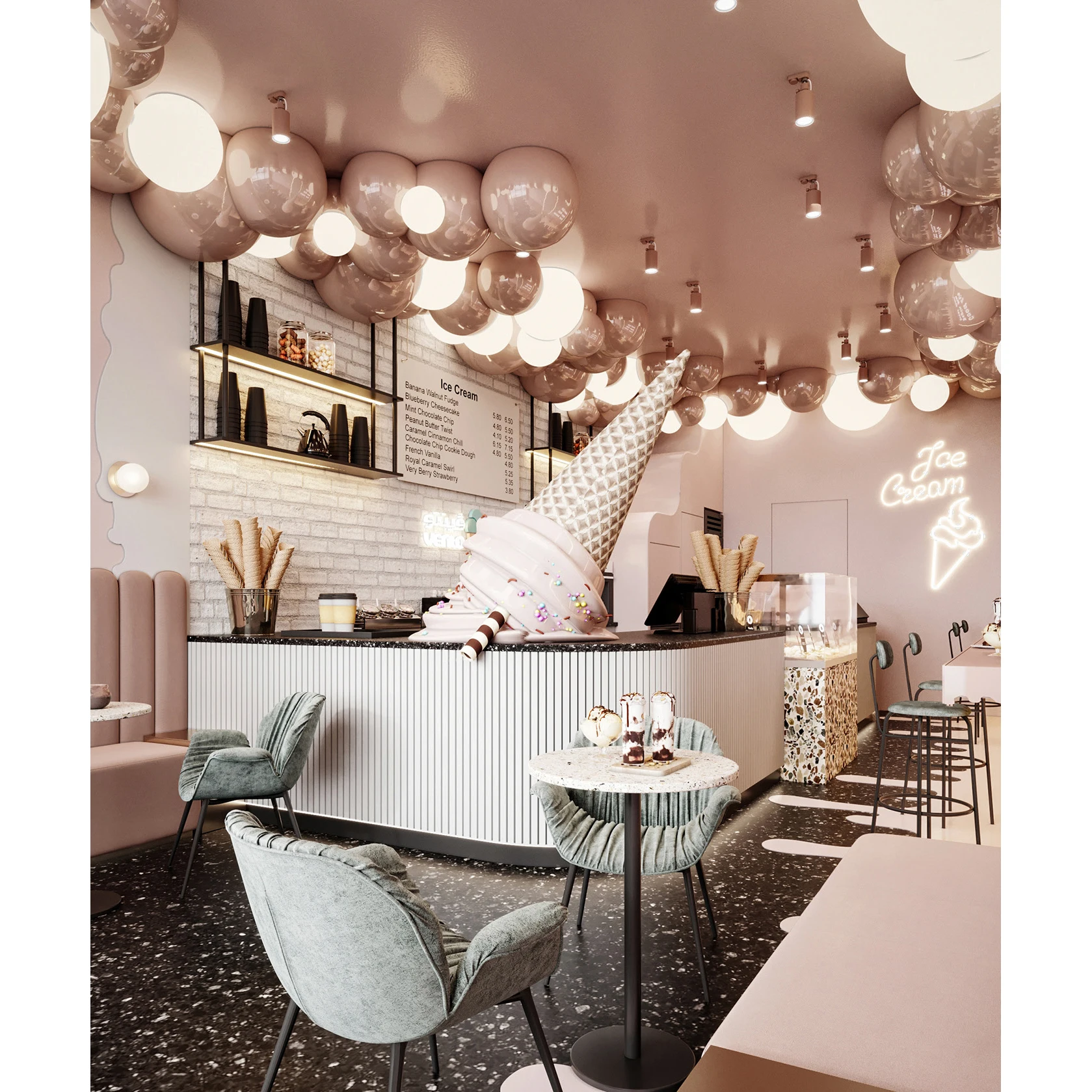 Newest Design Ice Cream Shop Decoration Customized Sweet Shop Counter Ice Cream Display Cabinet Showcase