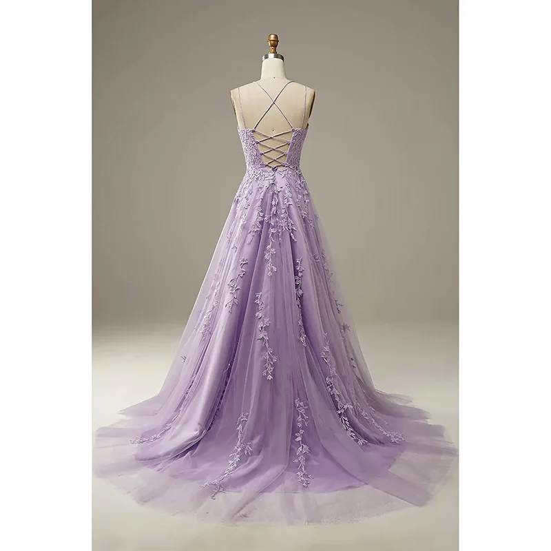 Romantic Long Applique Lace A Line Cross Backless Tulle Wedding Party Dress Spaghetti Strap Lilac Bridesmaid Dress