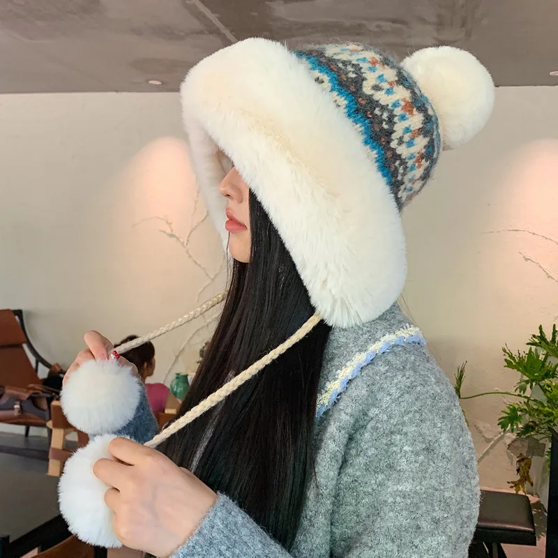 Fashion Custom Logo Winter Warm Women Cute Knitted Fur Hats Real Fox Fur Pom Pom Hat