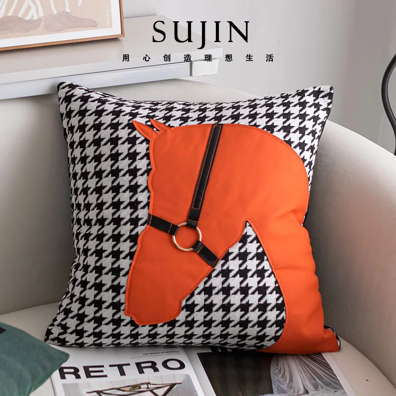 Designer horse head pillow Nordic light luxury leather INS British living room sofa cushion hotel pillowcase