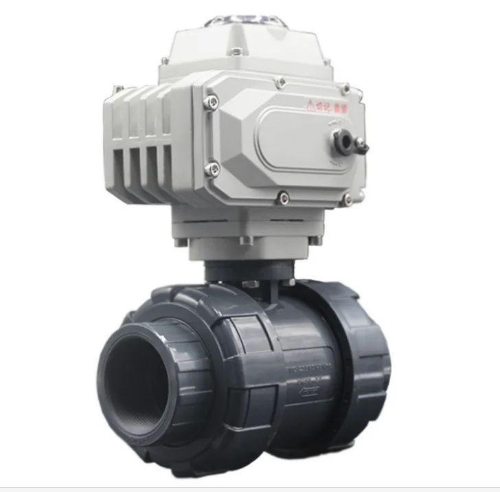 
UPVC double union thread DC 24V normally close motorized PVC plastic ball valve 