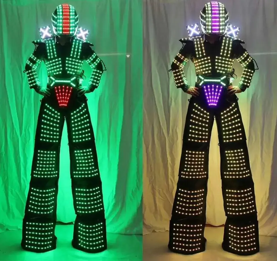 Unisex Adult Halloween LED Light Stilts Walker Robot Suit Luminous Costumes LED Screen Clothes Bar Party Nightclub Robot