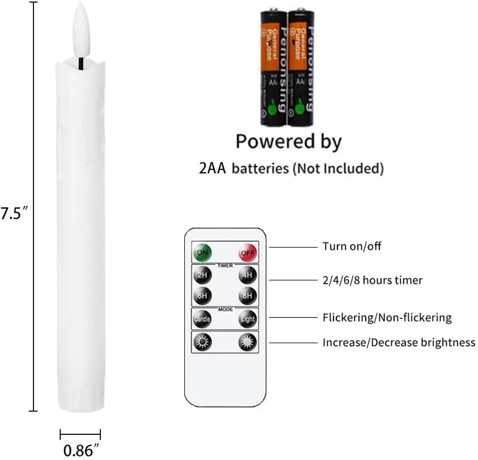 6pcs Set Real Wax LED Flameless Taper Candles with Remote Timer 7.5 Inches Candlesticks Battery Operated