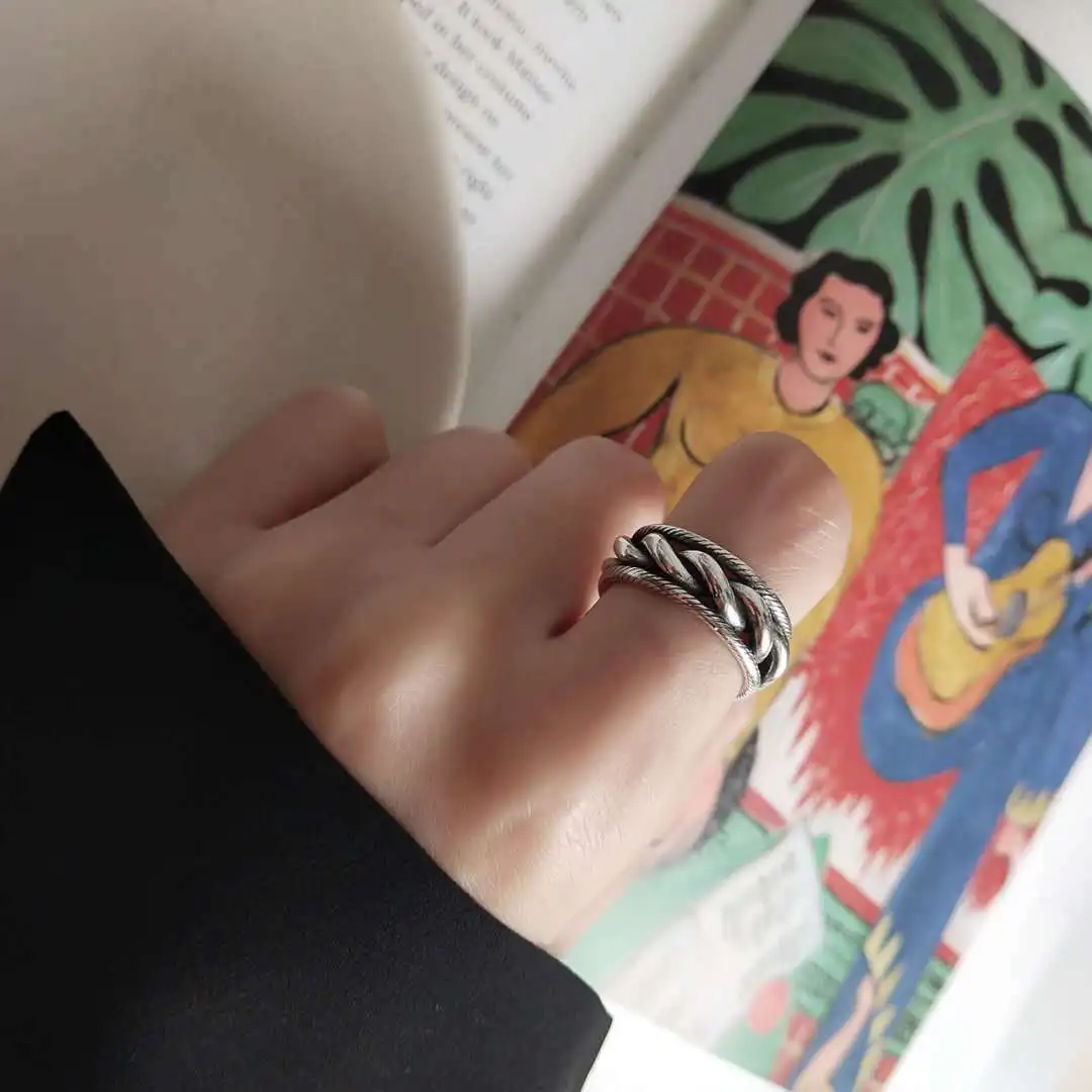 INS925 silver custom ring female retro Thai silver hemp weaving net red hipster ring new versatile girl