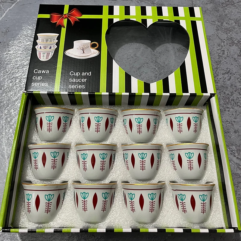 Arabic Mid East Classic Ceramic Cawa Cups Set Custom Tableware 12pcs Cawa Cups With Gift Box